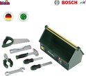 Boîte à outils verte avec jouets d'outils : scie, niveau, marteau, clé, pince, ciseau et tournevis.