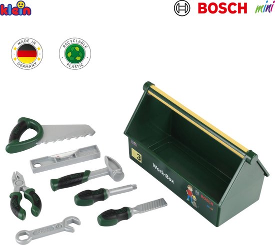 Boîte à outils verte avec jouets d'outils : scie, niveau, marteau, clé, pince, ciseau et tournevis.