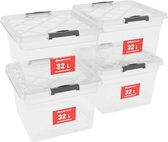 ATHLON TOOLS 4 x 32 l opbergdozen met deksel, voedselveilig - sluitclips - 100% nieuw materiaal plastic doos transparant - kledingdozen stapelbaar