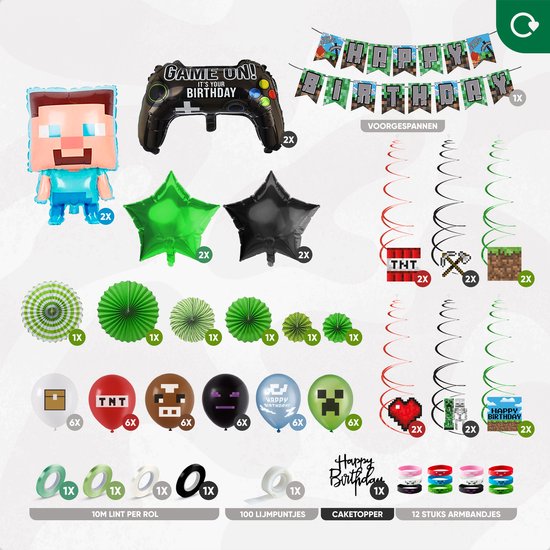 Fissaly 81 Stuks Pixel Video Game Verjaardag Versiering – Thema Decoratie – Ballonnen, Slingers, Armbandjes & Accessoires