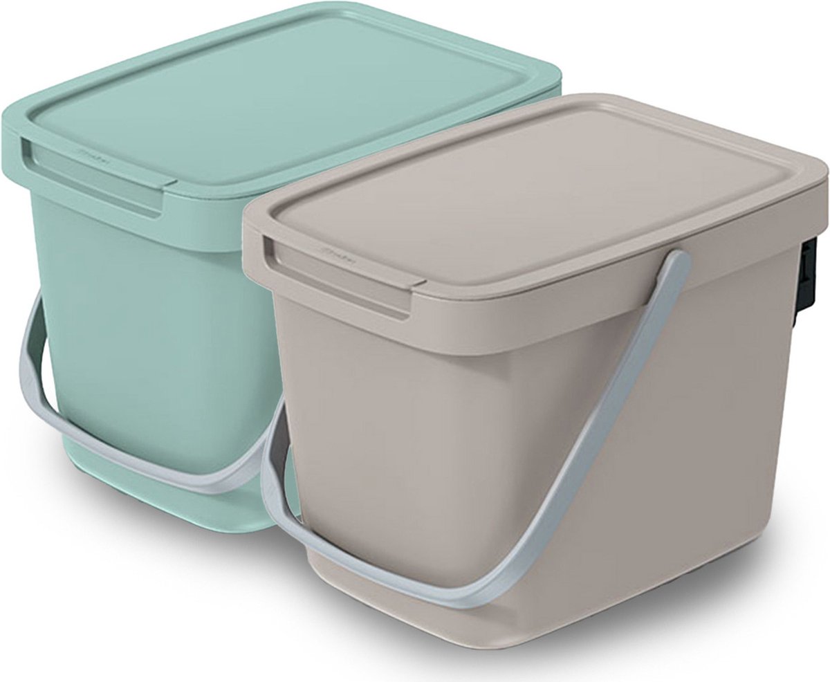 Goedkoopste Keden GFT aanrecht afvalbakjes set - 2x - 6L - beige/mintgroen - 20 x 26 x 20 cm - klepje/hengsel