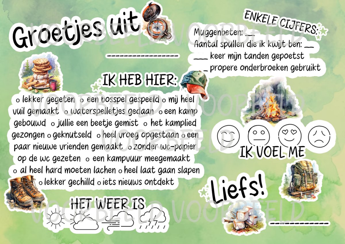Kampkaartjes Watercolor Green - Pakket met 8 kaartjes voor op kamp - kampbriefjes - brieven van op kamp - WATERCOLOR GREEN