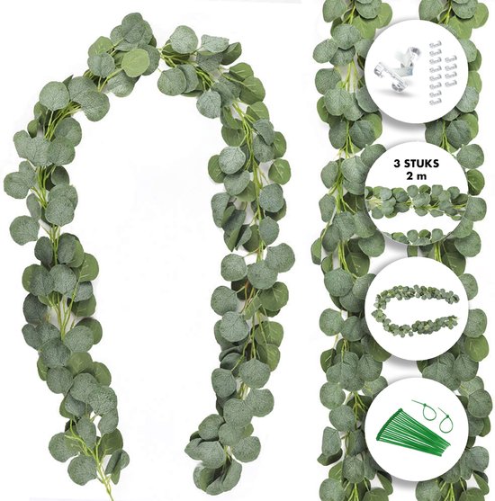 Fissaly 3 Stuks Eucalyptus Slinger Versiering Set Incl. 24 Accessoires – Botanical Backdrop Planten Decoratie voor Woonkamer & Feest – Kunstplant, Hangplant, Nepplant & Plant