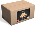 Kartonnen doos met een label van Grillx waarop 10 aanmaakwokels van houtwol liggen. 10 kg.