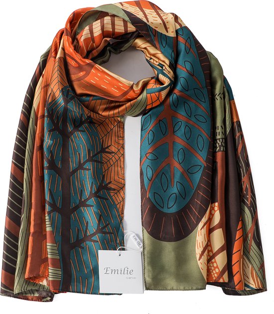 Foto: Emilie scarves sjaal lang silky feeling print olijfgroen bruin petrol oranje