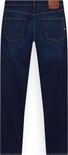 Donkerblauwe jeans met gele sierstiksels en bruin label.