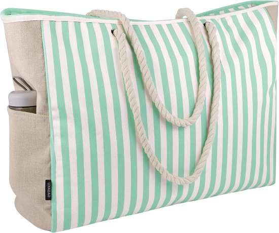 Strandtas voor dames XXL familie badtas met ritssluiting - zanddicht canvas reizen strandtas - gestreept groen - XX-Large beach bag
