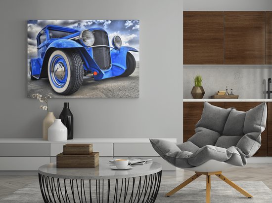 Canvas Schilderij - Oldtimer - Auto - Blauw - Decoratie - 150x100 cm