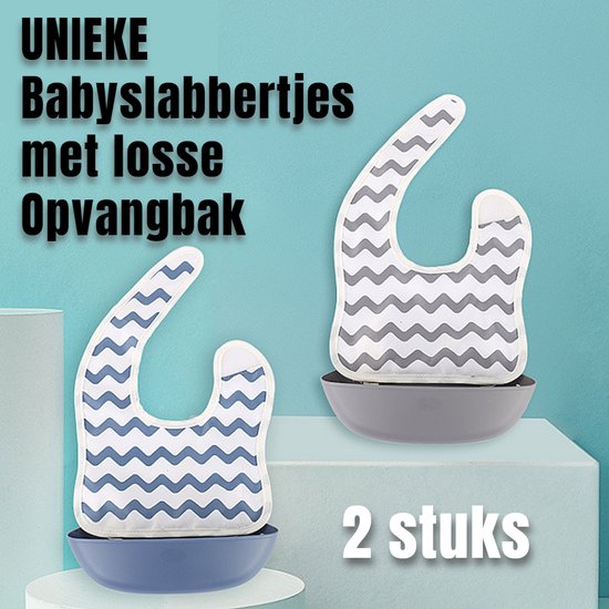 Allernieuwste.nl® 2 STUKS UNIEKE Gestreepte Babyslabbertjes met LOSSE Opvangschaal, Vuilafstotend en Vlek- en Waterafstotend - Oprolbaar Kinder Slabbertje - 2 STUKS Grijs en Blauw Gestreept van Allernieuwste.nl® — afbeelding 3
