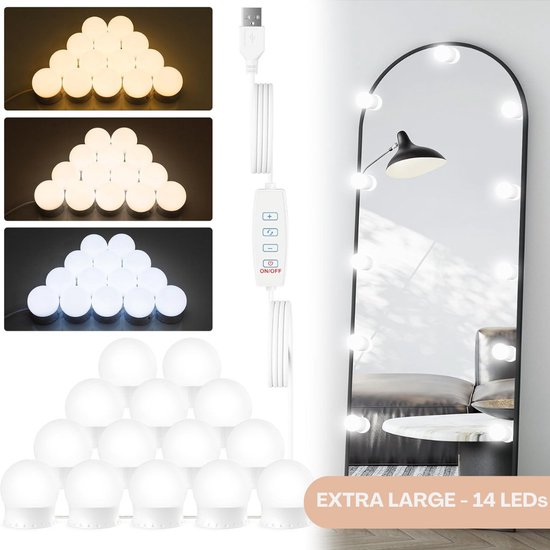 Hollywood Spiegellampen – Spiegelverlichting met 14 LED Lampen – Extra Lang – Aansluiting via USB - Dimbare Make Up Spiegel Lamp – 6 Meter Kabel - 3 Instelbare Kleurtinten