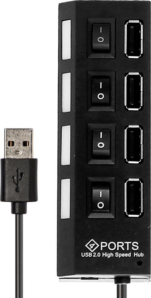 4 Poort Zwart Multi USB 2.0 Hub Splitter Verdeler Switch - Voor Laptop / Apple Mac / Macbook & Windows – Met LED Verlichting.