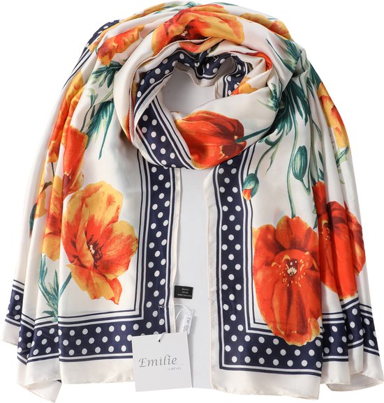 Emilie scarves - sjaal - lang - silky feeling - klaprozenprint - wit - bloemen oranje