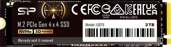 Zwarte M.2 2280 SSD US75 PCIe Gen 4x4, 2 TB, in verpakking met SP-logo en specificaties.