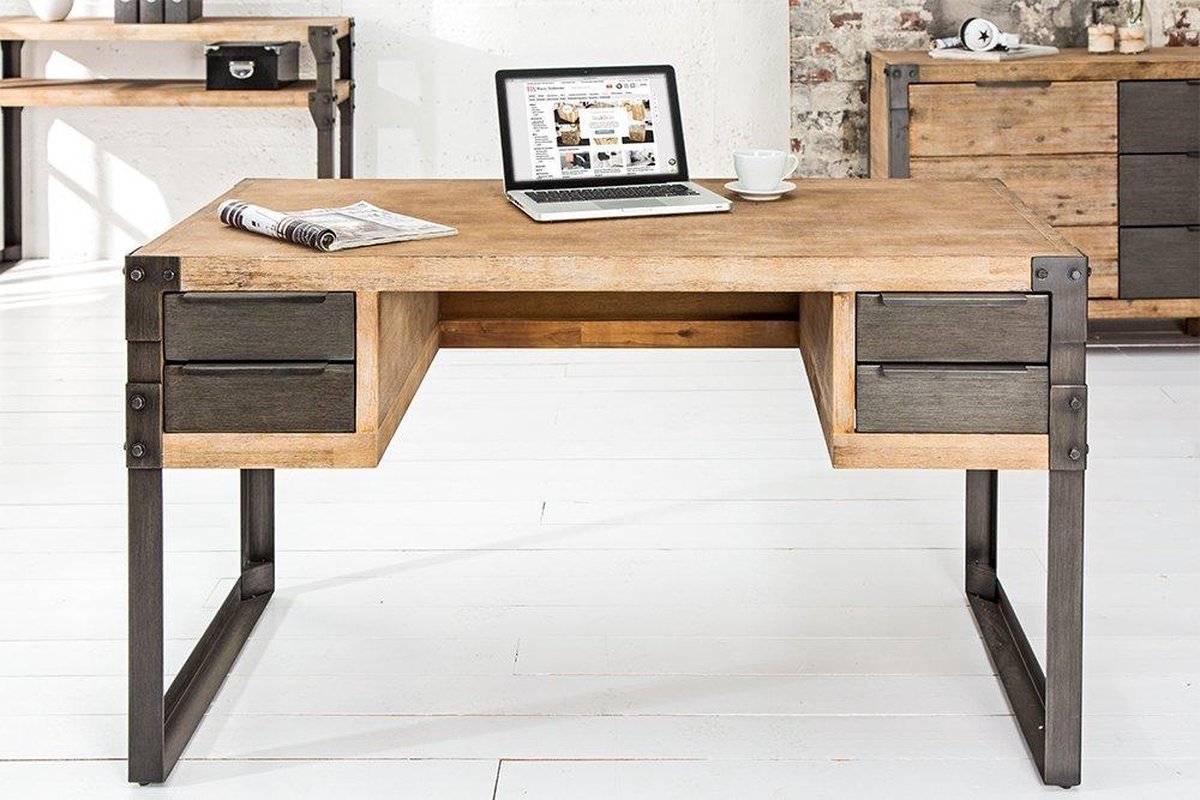 Massief Accaciahout bureau FACTORY 135 cm met 4 laden