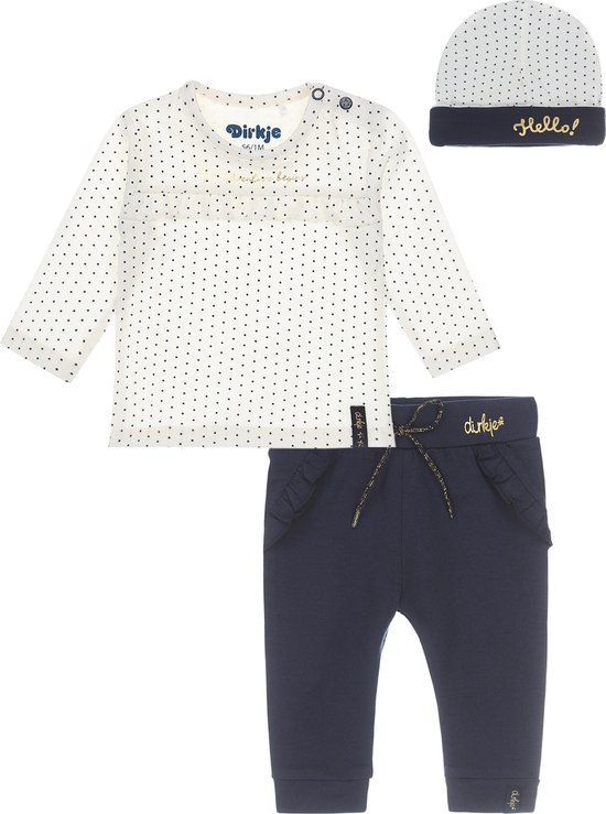 Dirkje Bio Basic SET (3 pièces) Pantalon bleu marine, Chemise blanc cassé à pois et chapeau - Taille 44