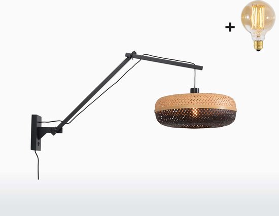 Wandlamp met Lange Arm - PALAWAN - Zwarte Bamboe - Naturel/Zwarte Kap (40x15cm) - Met LED-lamp