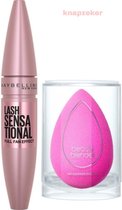 Maybelline Lash Sensational Volume Mascara - Very black - Zwart  + Beautyblender Original Spons  makeup sponge rose pink 1 st