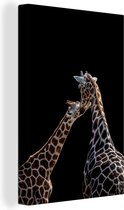 Canvas Schilderij Moeder en baby giraffe voor zwarte achtergrond - 80x120 cm - Wanddecoratie