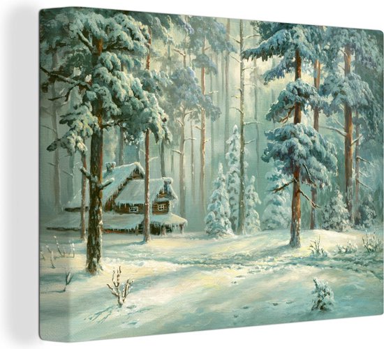Canvas Schilderij Sneeuw - bos - Hut - 120x90 cm - Wanddecoratie