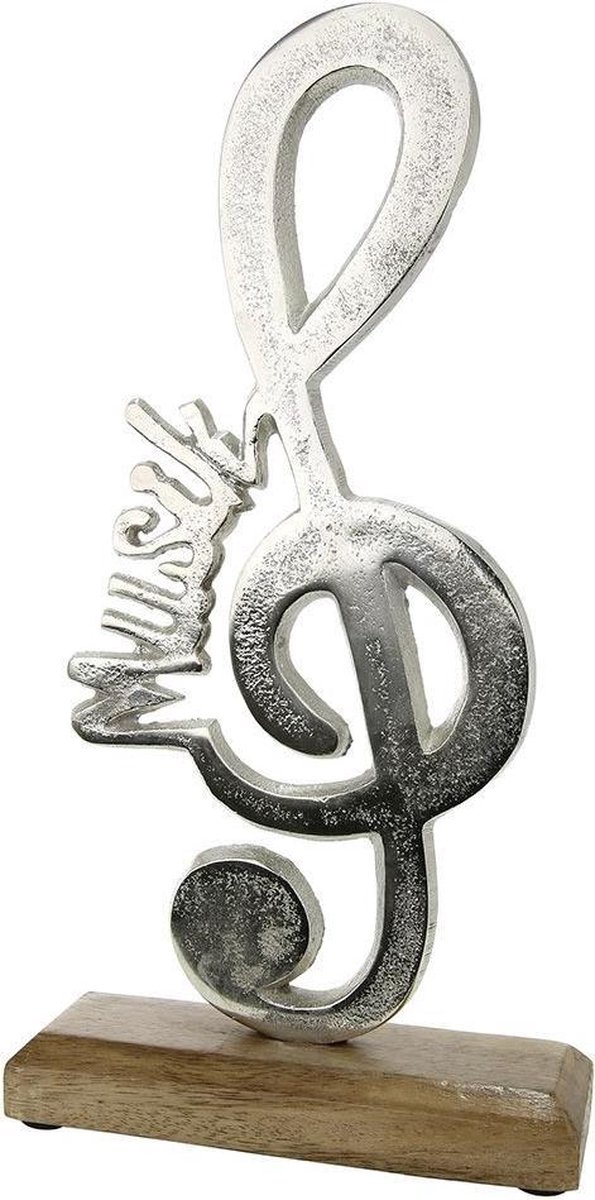 Beeld muzieksleutel sculptuur met muziek tekst - aluminium en mangohout 29 cm hoog handgemaakt