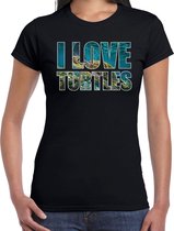 Tekst shirt I love turtles met dieren foto van een schildpad zwart voor dames - cadeau t-shirt zeeschildpadden liefhebber L