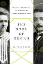 Livre "The Soul of Genius" avec Marie Curie et Albert Einstein, diagrammes scientifiques sous-jacents.