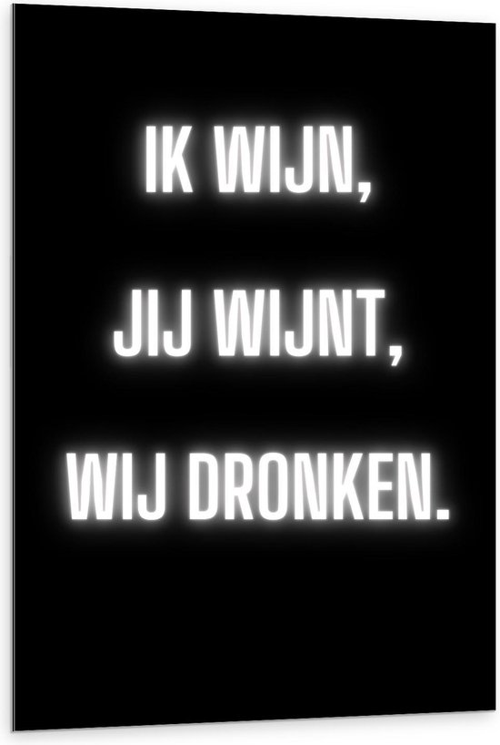 Dibond - Tekst: ''Ik Wijn, Jij Wijnt, WIj dronken'' Neon Letters Wit/Zwart - 80x120cm Foto op Aluminium (Wanddecoratie van metaal)