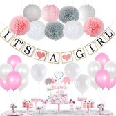 JDBOS ® Babyshower versiering meisje - feestpakket L - banner it's a girl - pompoms - ballonnen