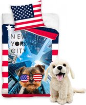 Dekbedovertrek New York met Hond- 140x200- katoen- dekbed jongens, meisjes- kussen 70x90, incl. pluche Labrador knuffel hond.