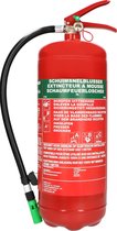 Rode schuimblusser van 6 liter met groene spuitmond, zwarte slang en Nederlandstalige/Franstalige instructies.