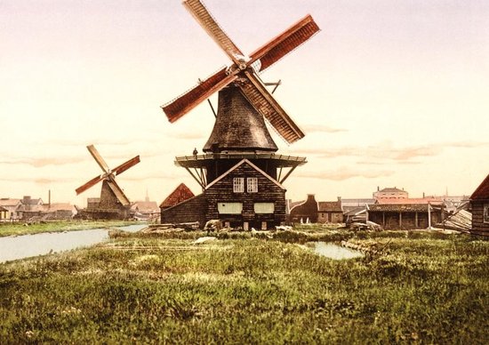 Oud Hollands Landschap - Zaagmolens Langs Rivier - Oude Foto Print op Poster A1 84x59cm