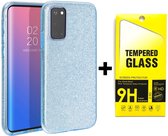 Samsung Galaxy A12 Hoesje Blauw - Glitter Back Cover & Glazen Screenprotector