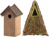 Voordeelset van 2x stuks houten vogelhuisjes/nestkastjes 24 x 17 cm/22 x 16 cm - Met puntdak in groen en houtkleur