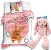 Dekbedovertrek Konijn- Bunny- 140x200- katoen- jongens, meisjes dekbed, slaapkussen 70x90, incl. grote knuffel konijn 37 cm roze