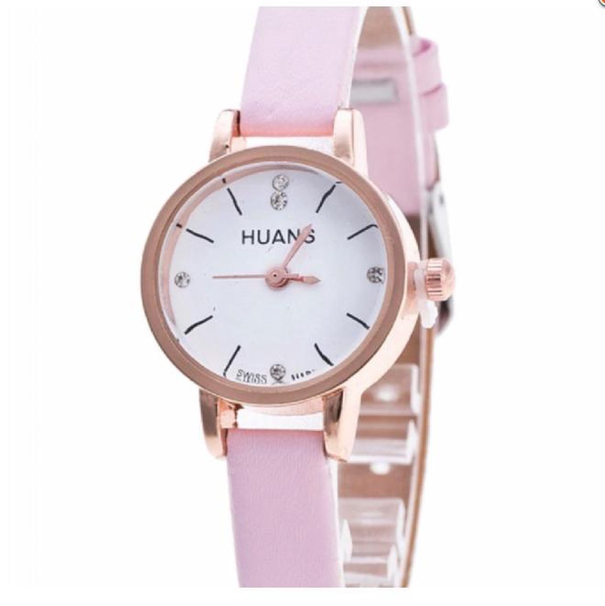 Horloge -Huans -roze-3 cm-Goudkleurig- Dames-Tiener-leer-Smalle pols- Charme Bijoux