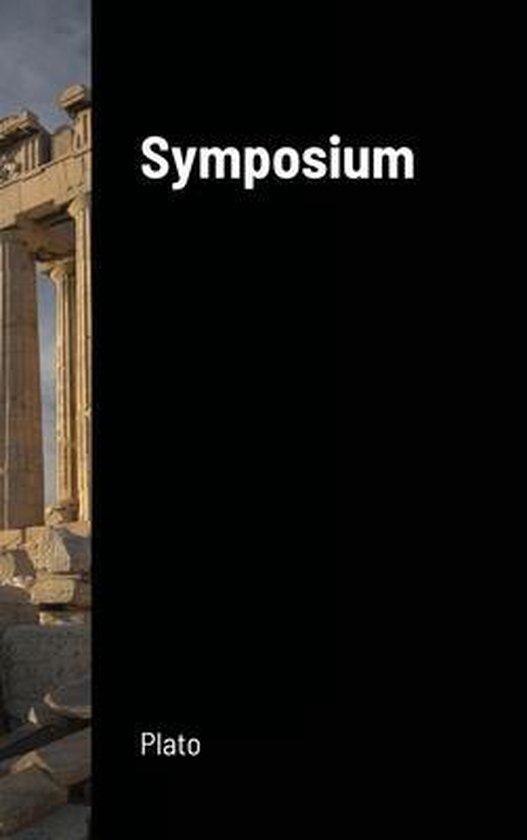 Symposium door Plato, met een antieke Griekse zuil en de tekst 'Symposium' en 'Plato'.