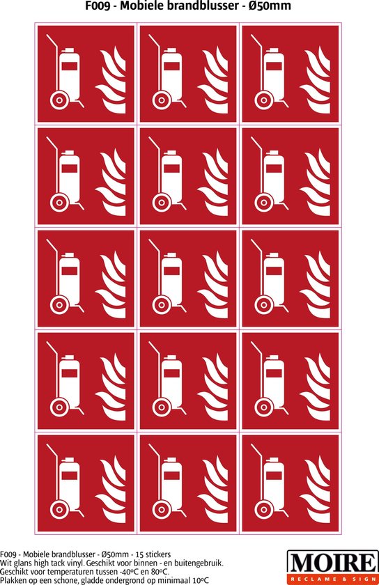 Pictogram sticker 75 stuks F009 - Mobiele brandblusser - 50x50mm - 15 stickers op 1 vel