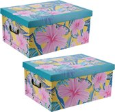 3x stuks opbergdoos/opberg box van karton met bloemen print blauw 51 x 37 x 24 cm - Inhoud 45 liter - Doos met deksel en handvatten