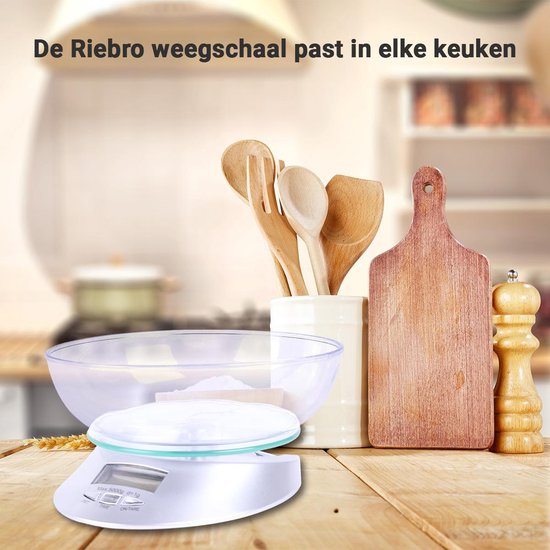 Riebro - Digitale Keukenweegschaal met Schaal - Hoge precisie - g/oz/lb - Tarrafunctie - 1g tot 5kg - Inclusief Batterijen - Riebro