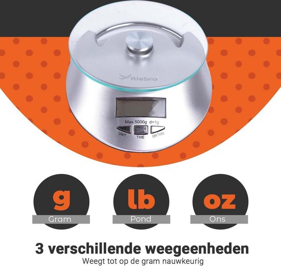 Riebro - Digitale Keukenweegschaal met Schaal - Hoge precisie - g/oz/lb - Tarrafunctie - 1g tot 5kg - Inclusief Batterijen - Riebro