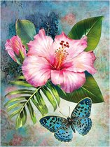BWK Diamond Paintings - Roze Hibiscus Bloem - 40x30cm(35x25cm) - Volledig pakket - Diamond Painting met Ronde Steentjes