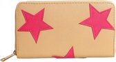 Multifunctionele portemonnee van glad beige kunstleer met rondom roze sterren. Wordt afgesloten met een rits rondom. Voor uzelf of Bestel Een Kado