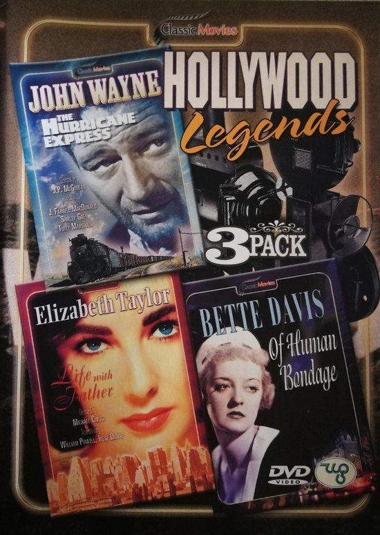 Drie dvd-covers van klassieke films: John Wayne in The Hurricane Express, Elizabeth Taylor in Life with Father, en Bette Davis in Of Human Bondage, met een filmcamera op de achtergrond.