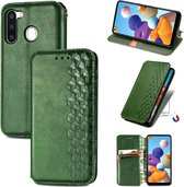 Voor Samsung Galaxy A21 (EU-versie) Cubic Grid Pressed Horizontal Flip Magnetic Leather Case met houder & kaartsleuven & portemonnee (groen)