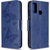 Voor Huawei P Smart (2020) Twee vlinders reliëfpatroon horizontale flip lederen tas met houder & kaartsleuf & portemonnee & lanyard (donkerblauw)