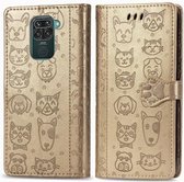 Voor Xiaomi Redmi 10X (4G) / Note 9 Leuke Kat en Hond Reliëf Horizontale Flip Leren Case met Beugel / Kaartsleuf / Portemonnee / Lanyard (Goud)