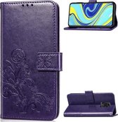 Voor Geschikt voor Xiaomi Redmi Note 9S / Note 9 Pro / Note 9 Pro Max vierbladige sluiting reliëf gesp PU lederen tas met lanyard & kaartsleuf & portemonnee & houder (paars)