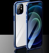 Galvaniserend frame dubbelzijdig gehard glas magnetische adsorptie hoes voor iPhone 12 (blauw + zilver)