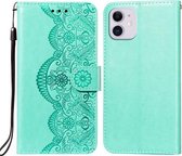Flower Vine Embossing Pattern Horizontale Flip Leren Case met Kaartsleuf & Houder & Portemonnee & Lanyard Voor iPhone 12 mini (Groen)