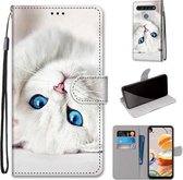 Voor LG K61 Gekleurde Tekening Cross Textuur Horizontale Flip PU Lederen Case met Houder & Kaartsleuven & Portemonnee & Lanyard (Wit Kitten)